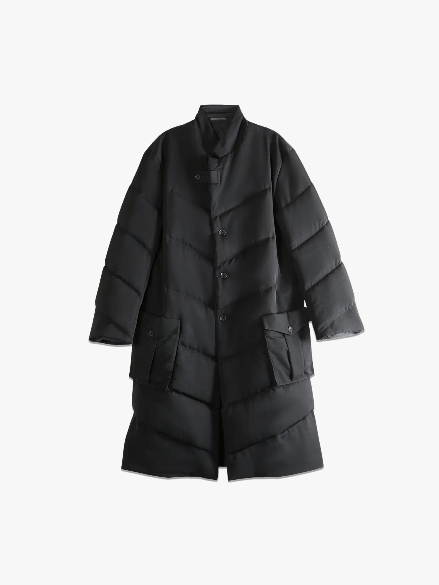 3 Button Diagonal Padded Long Jacket - Black