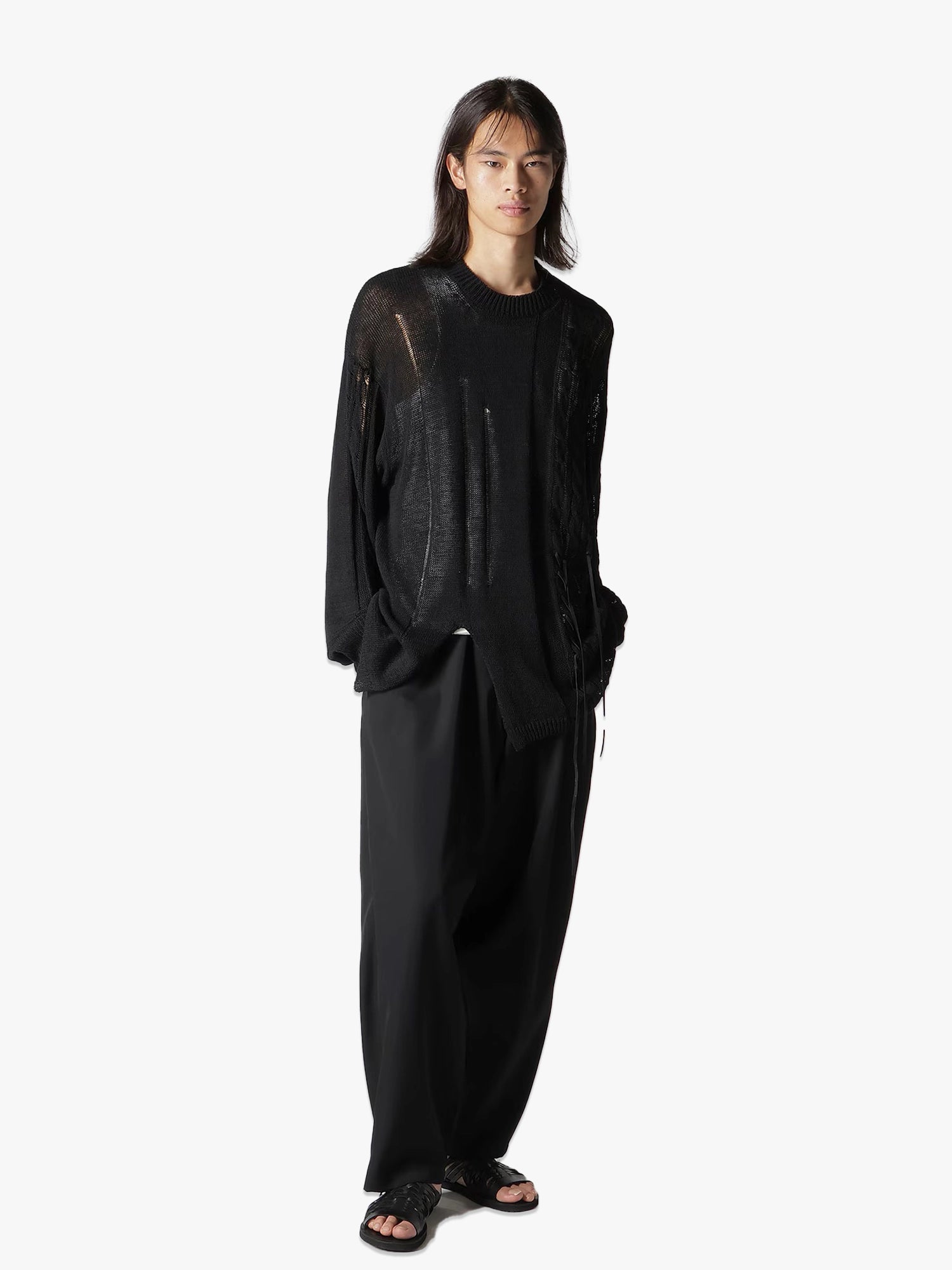 5G 2Ply Drop Stitch Leather Drawstring Sweater - Black