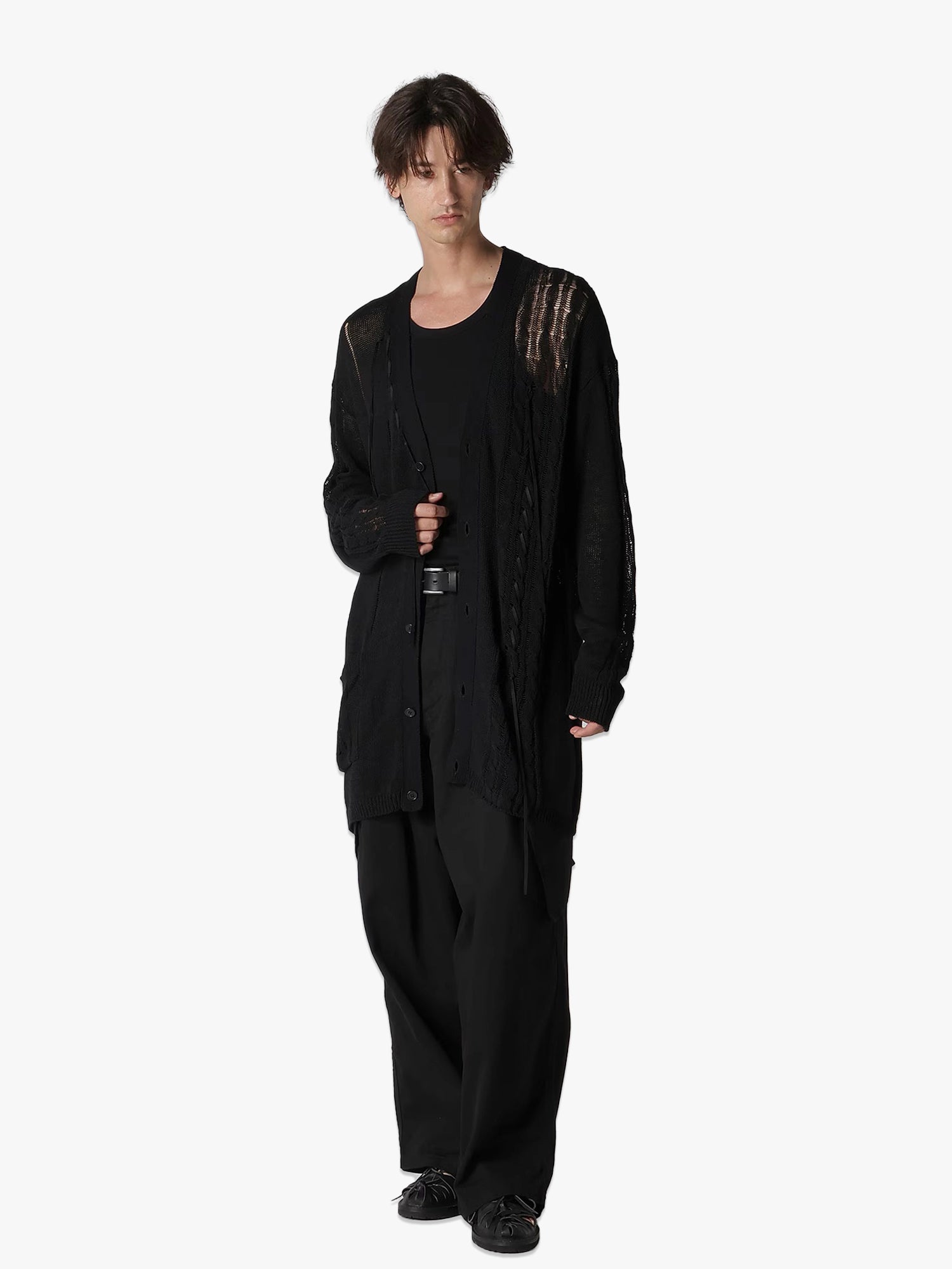 5G 2Ply Drop Stitch Leather Drawstring V-Sweater - Black