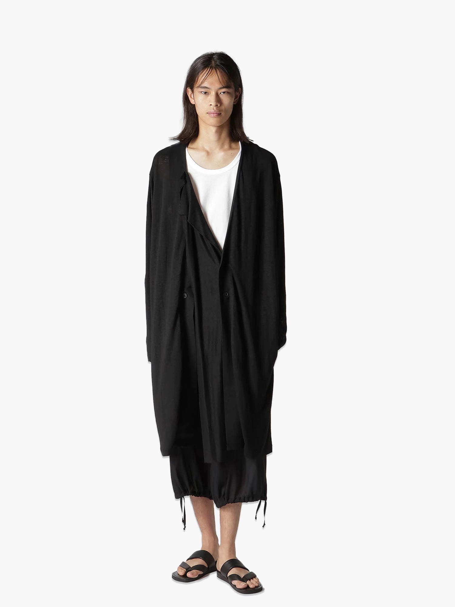 60/- Linen Plain Stitch Draped Cardi - Black