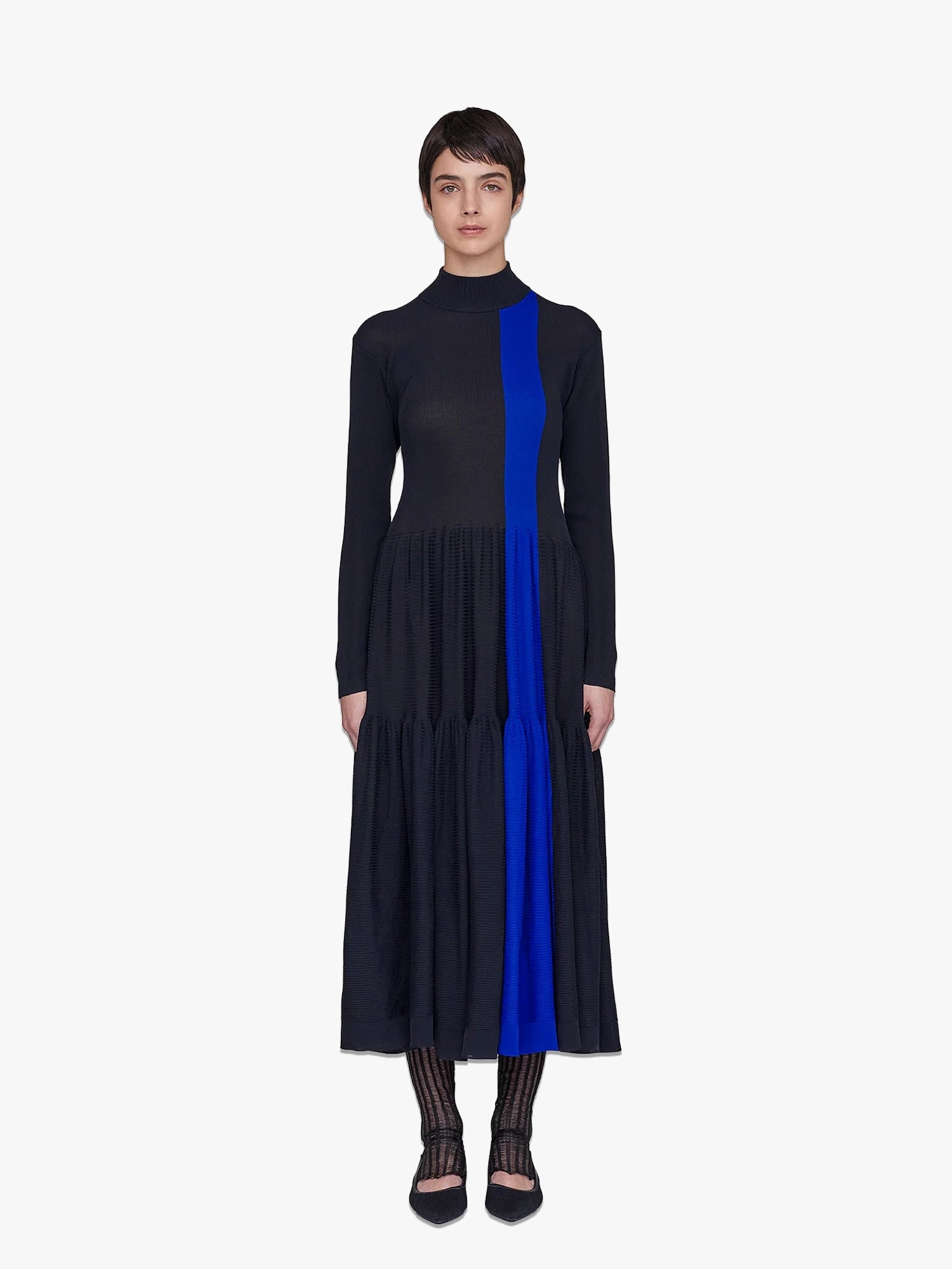 Cascade Mock Neck LS Dress - Black/Multi