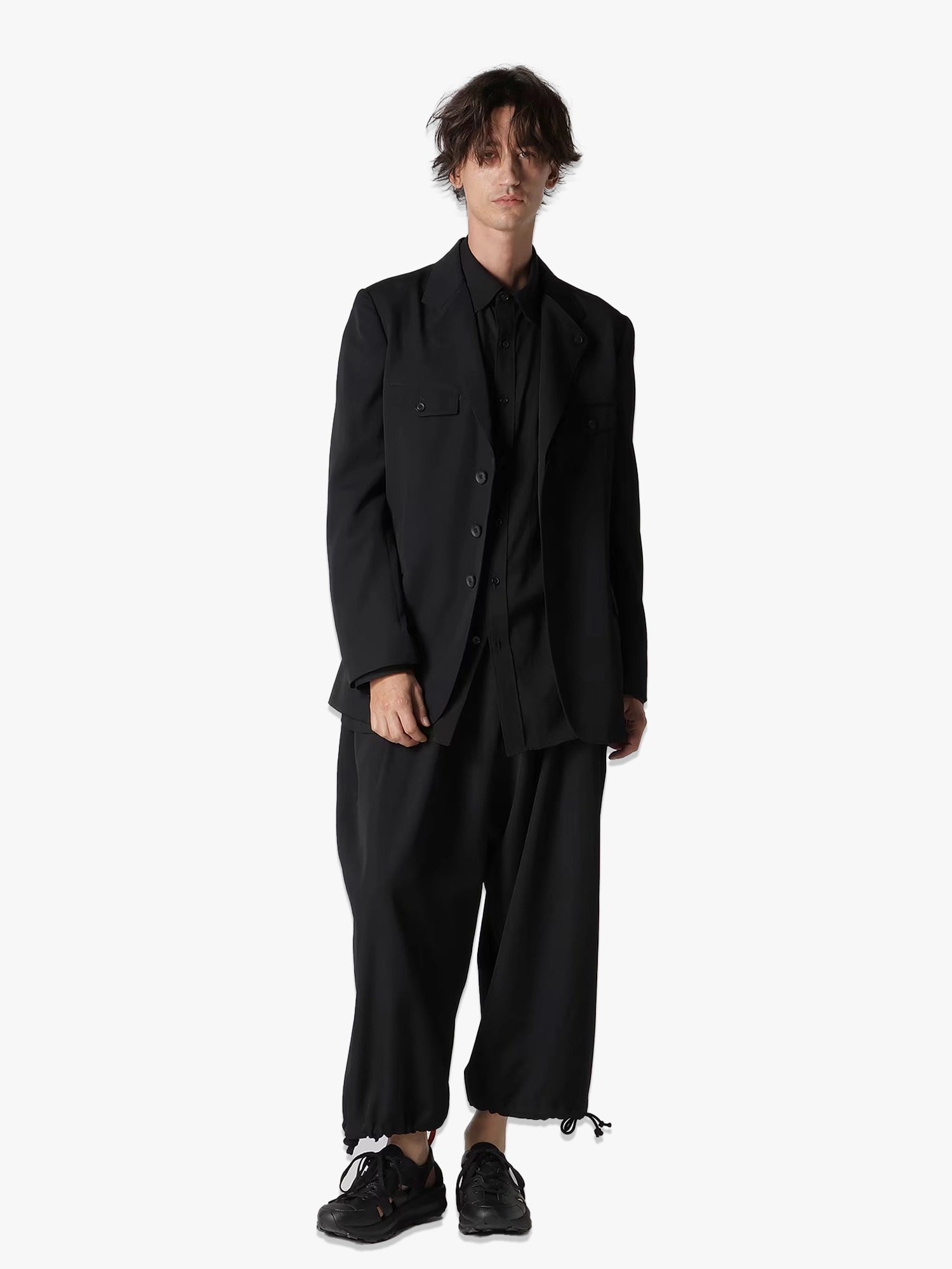 Double Left Lapel Wool Gabardine Jacket - Black