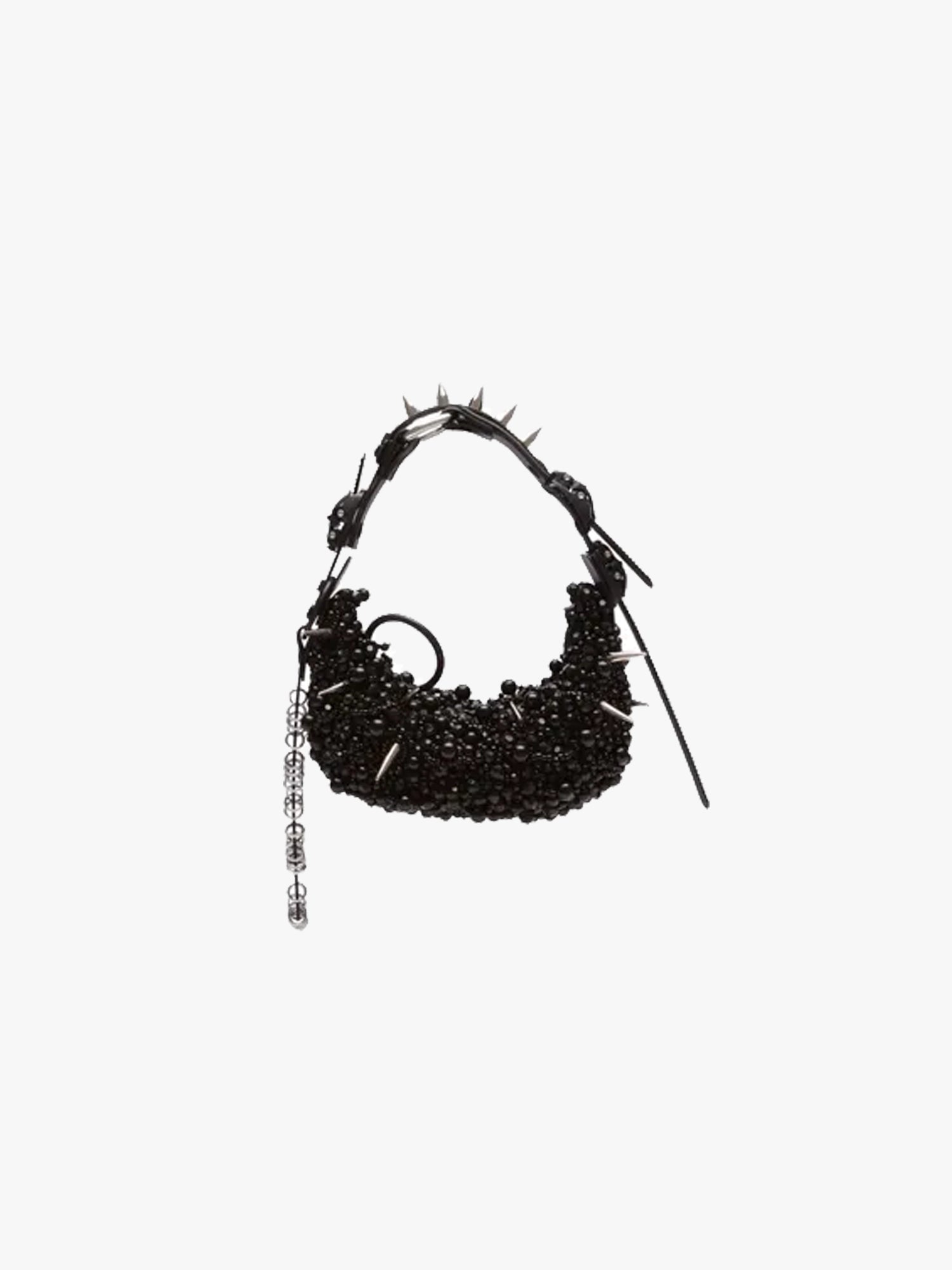 Half Moon Bag with Pearls & Spikes - Black Shine/Black