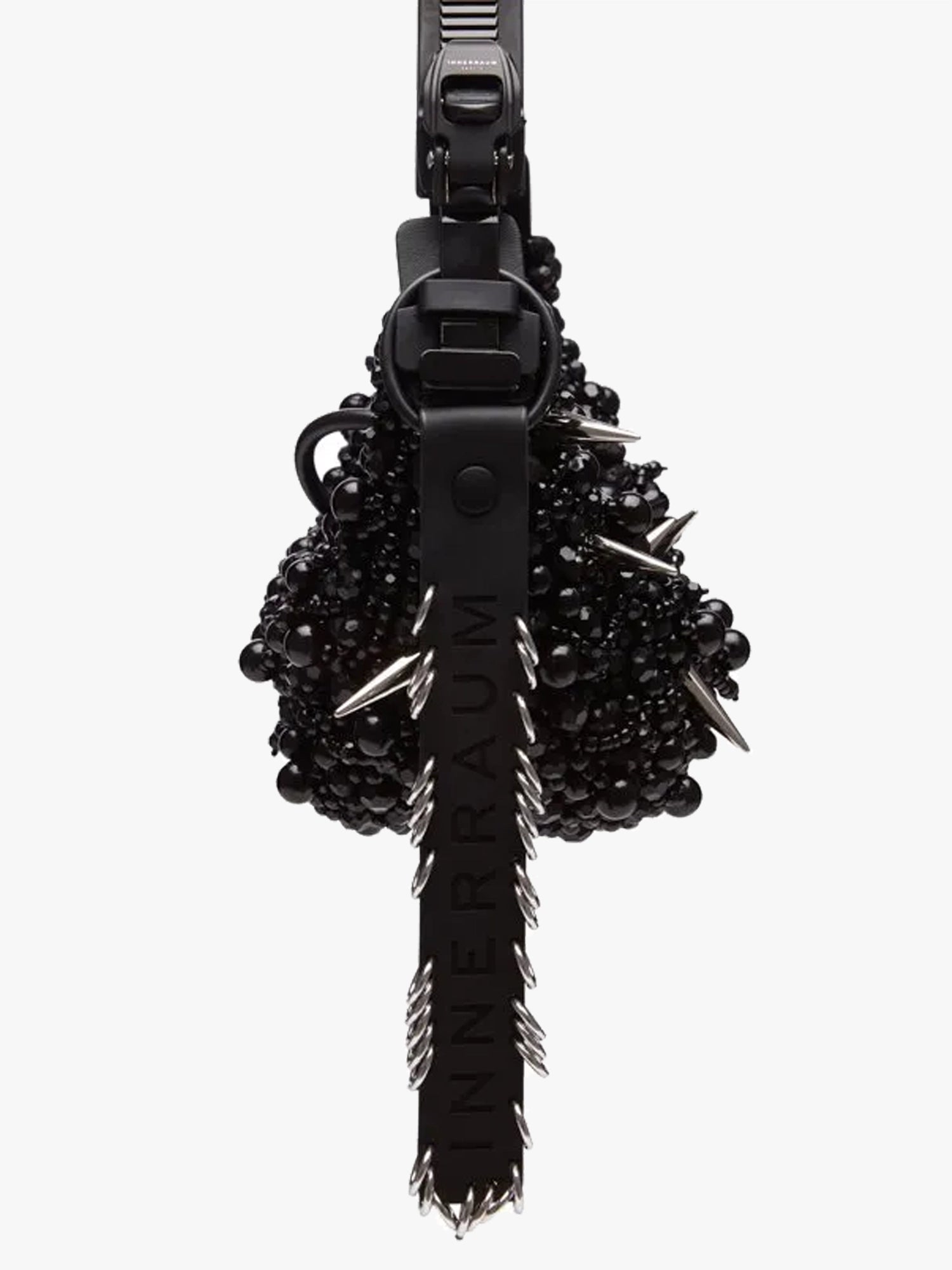 Half Moon Bag with Pearls & Spikes - Black Shine/Black