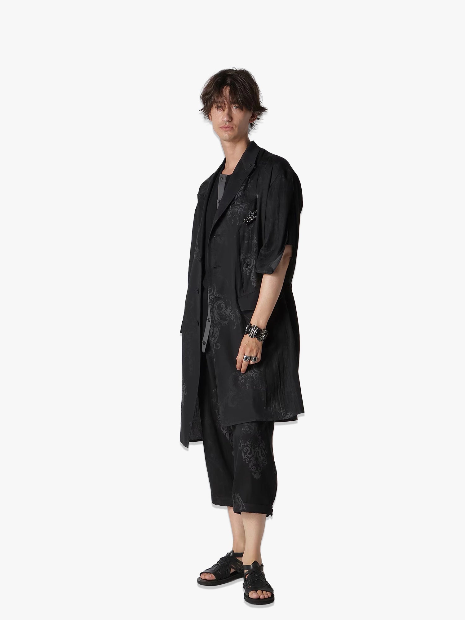 Jacquard Pattern Slit Design Jacket - Black