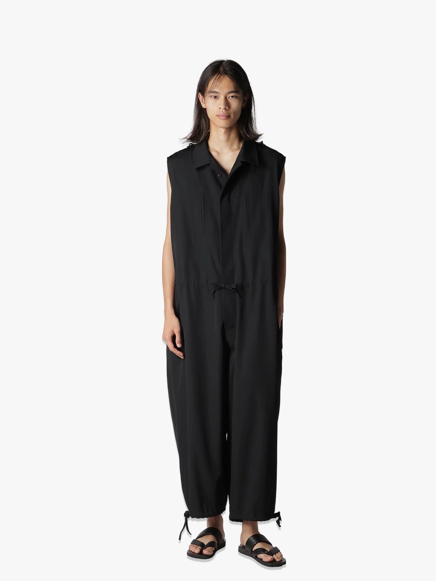 Wool Gabardine Oepaulet Attached Overalls - Black